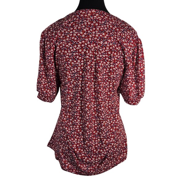 NWOT | Red Floral Print V-Neck Blouse Short Puff Sleeve Smocked Detail | Small - Picture 2 of 5